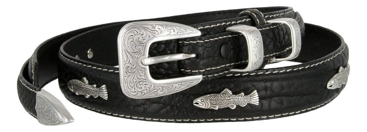 Western Silver Engraved Fish Conchos Belt Genuine Leather Bison