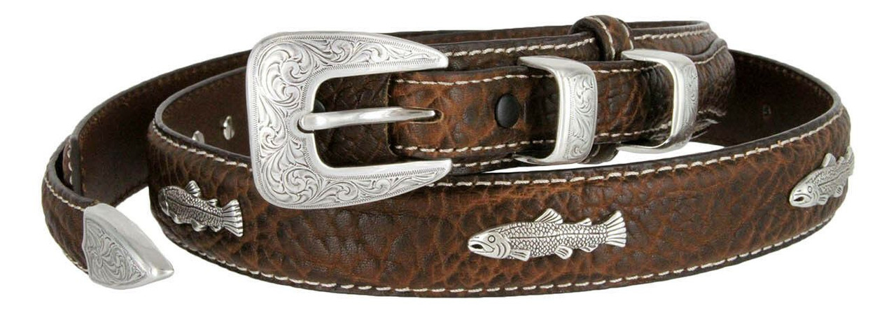 Western Silver Engraved Fish Conchos Belt Genuine Leather Bison Ranger Belt  