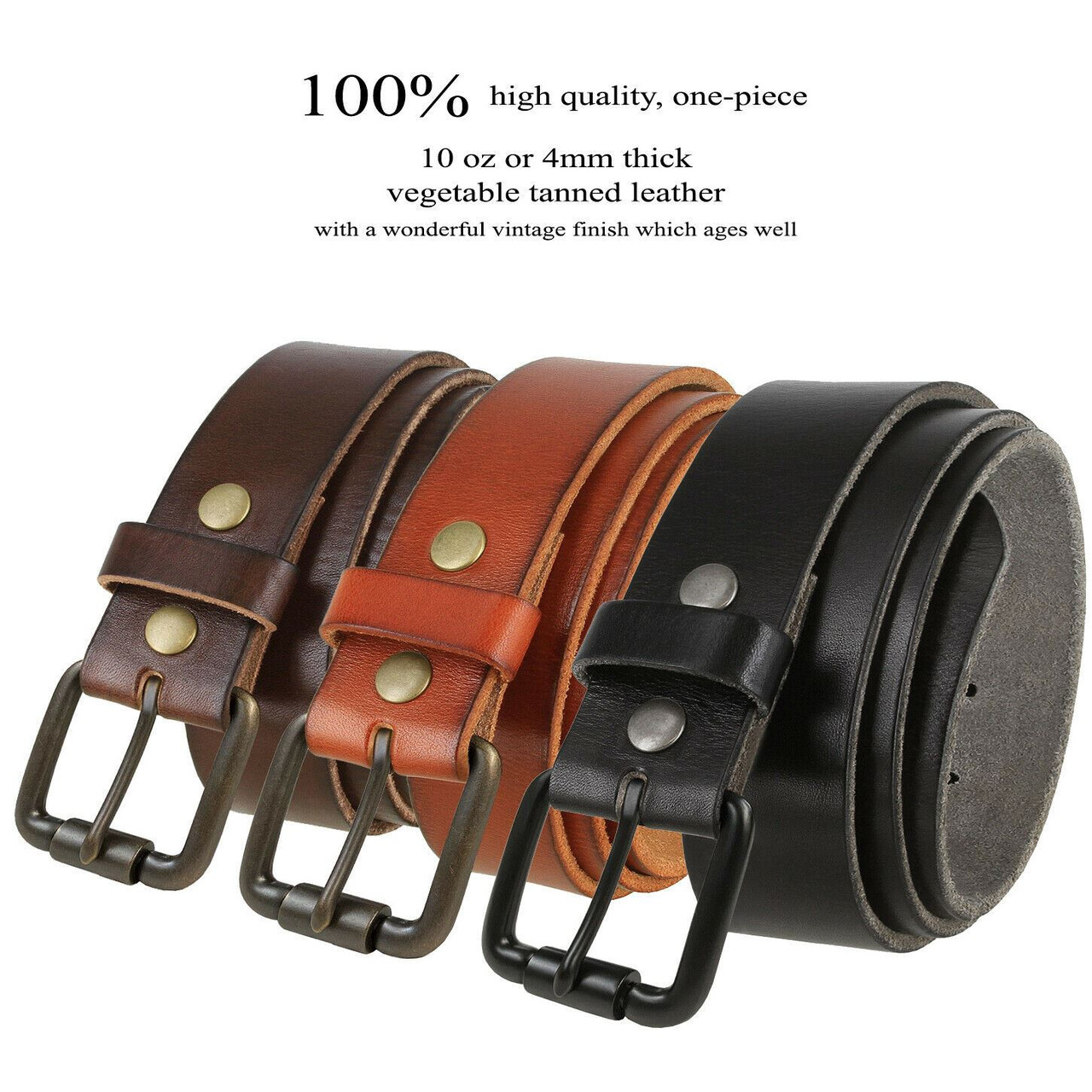 Antique Roller Buckle Genuine Full Grain Leather Casual Jean Belt  1-1/2