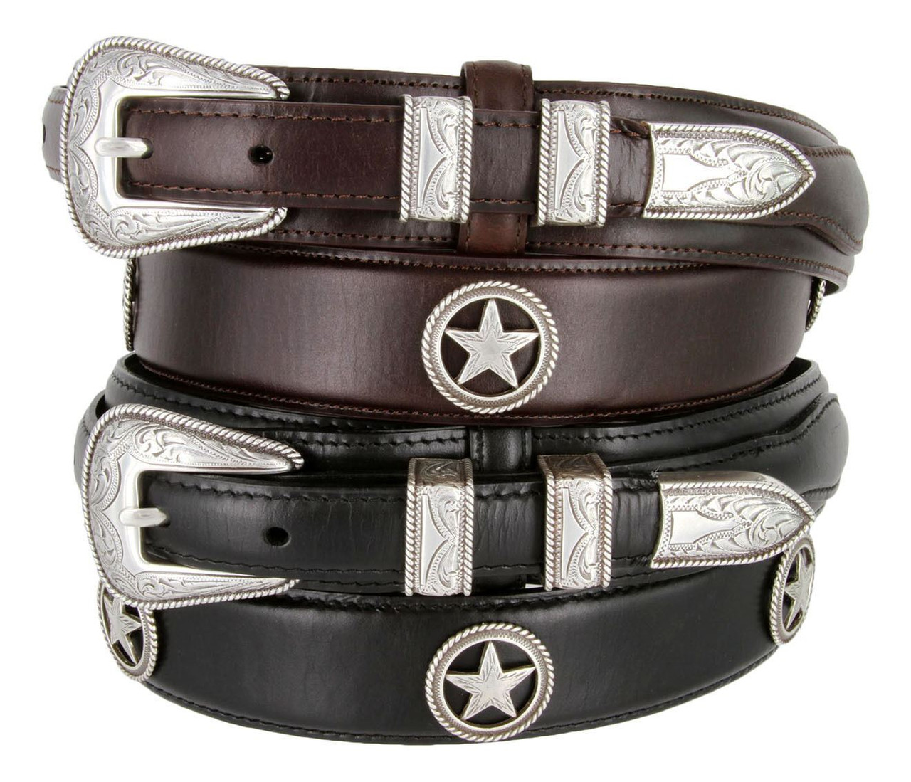 Silver Star Conchos Belt Western Oil Tanned Genuine Leather Ranger