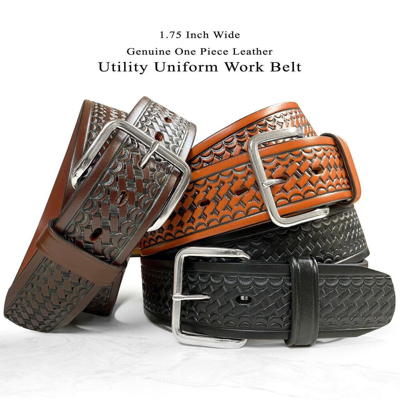 CL871-B Utility Uniform Work Belt Basketweave One Piece Full Grain Cowhide  Leather Belt 1-3/4