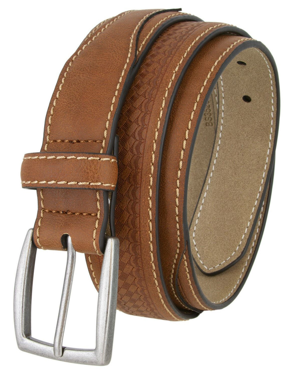 352079 Basketweave Engraved Vegan Synthetic Leather Belt 1-3/8