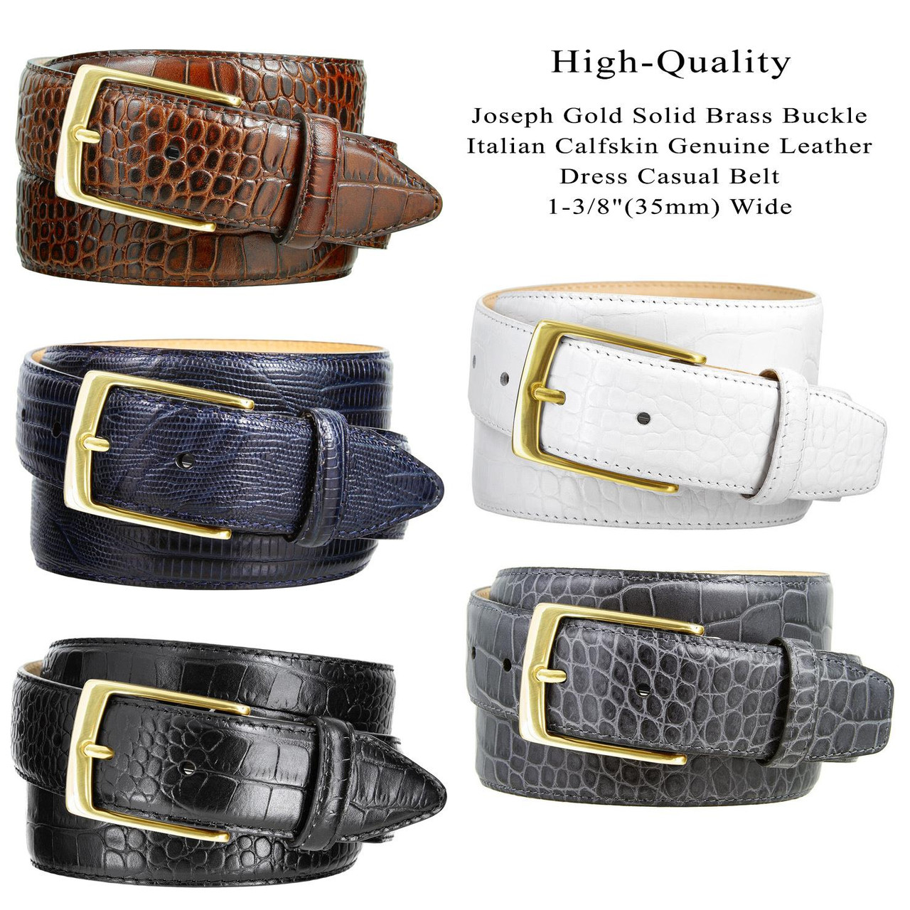 Joseph Gold Men's Dress Belt Solid Brass Buckle Italian Calfskin Genuine Leather  Belt 1-3/8(35) Wide 