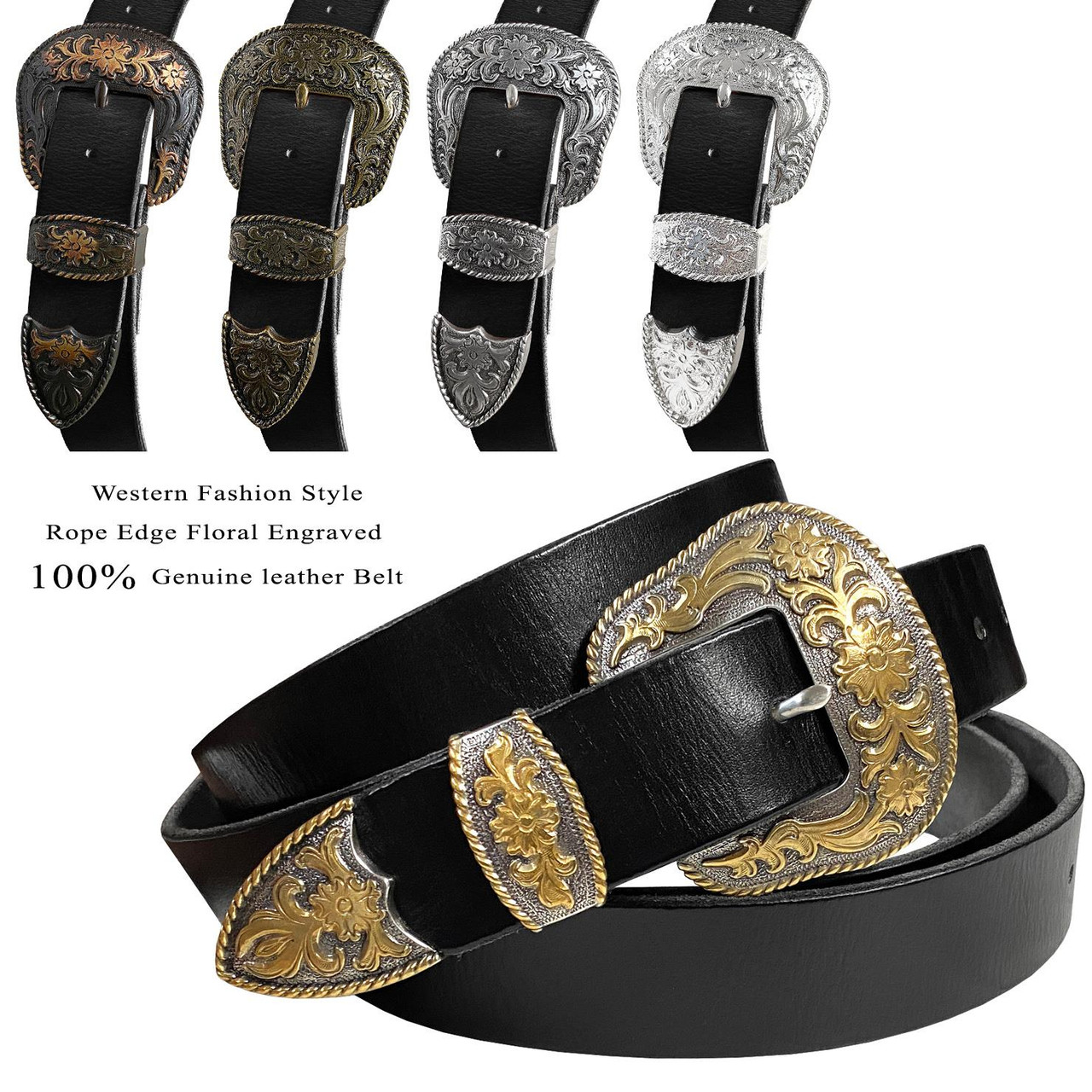 Western Bright Silver Floral Engraved Buckle Genuine Full