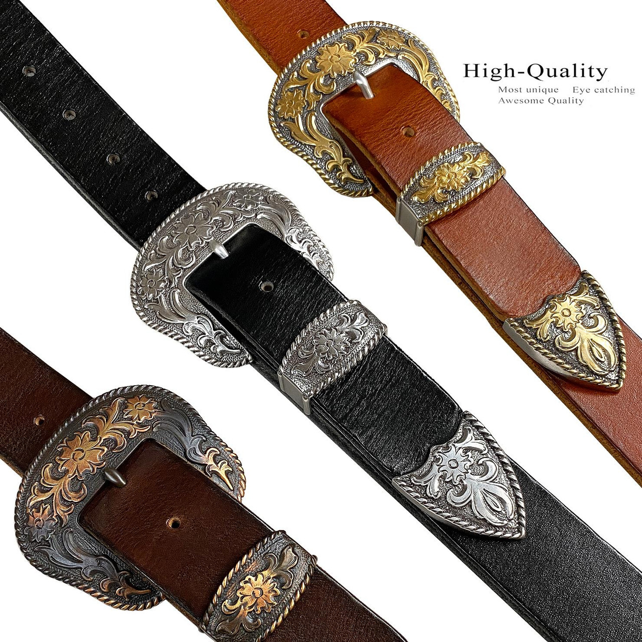 Genuine Full Grain Western Floral Engraved Tooled Leather Rhinestone Buckle  Belt 1-1/2(38mm) Wide