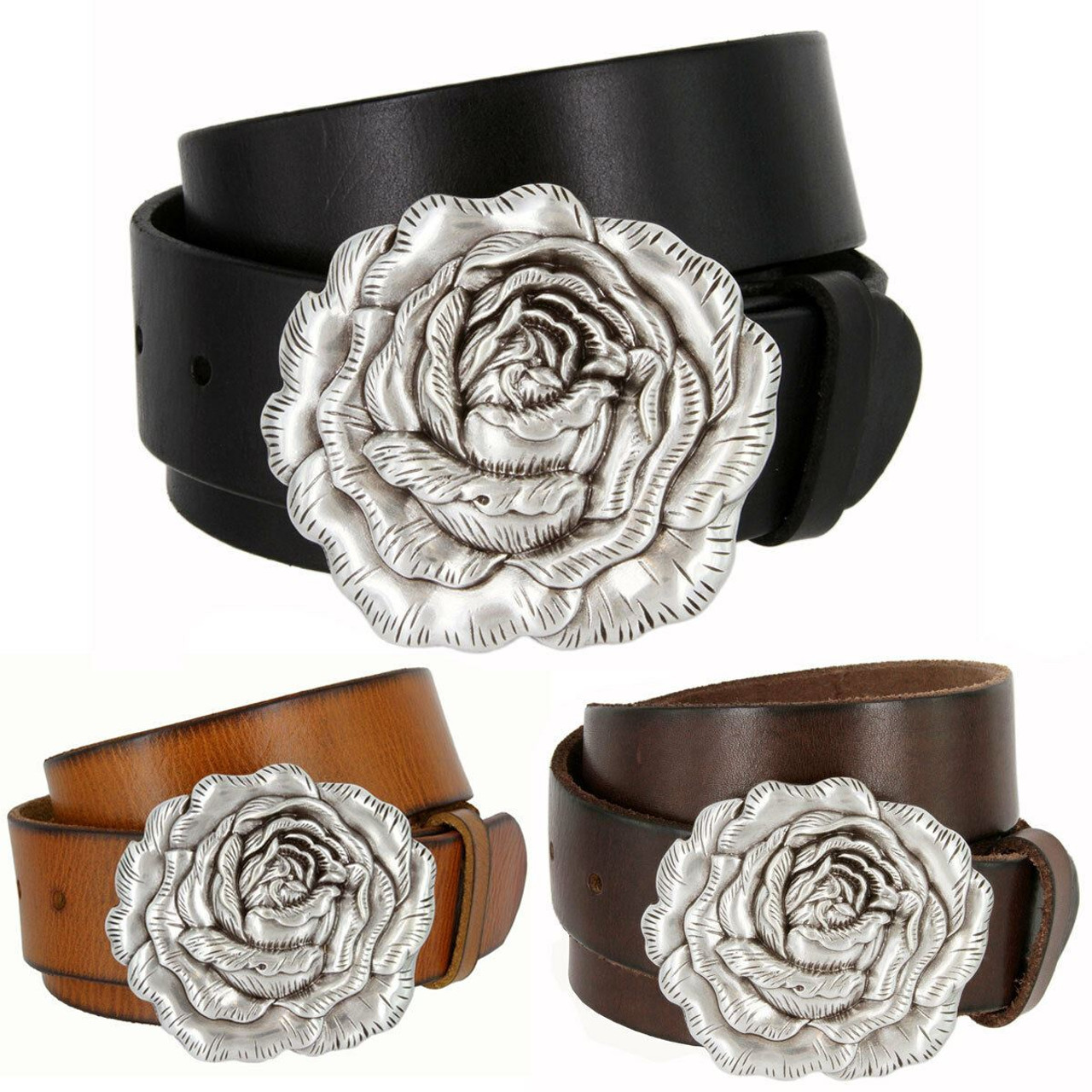 Genuine Full Grain Western Floral Engraved Tooled Leather Rhinestone Buckle  Belt 1-1/2(38mm) Wide