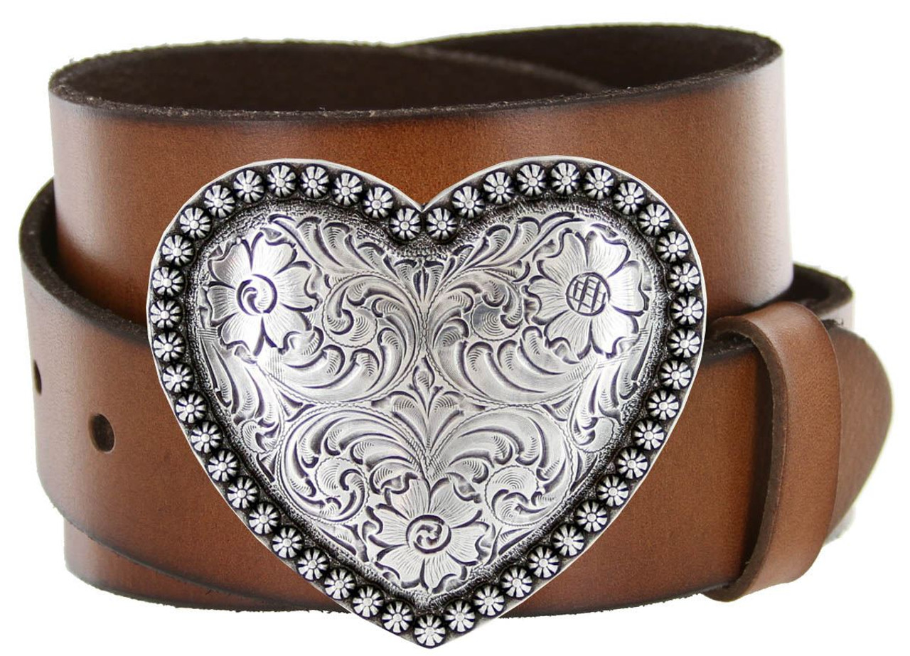 Antique Silver Engraved Heart Buckle Genuine Full Grain Leather