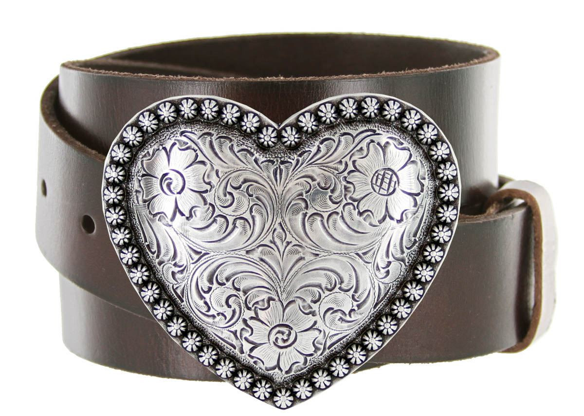 Antique Silver Engraved Heart Buckle Genuine Full Grain  display picture 2