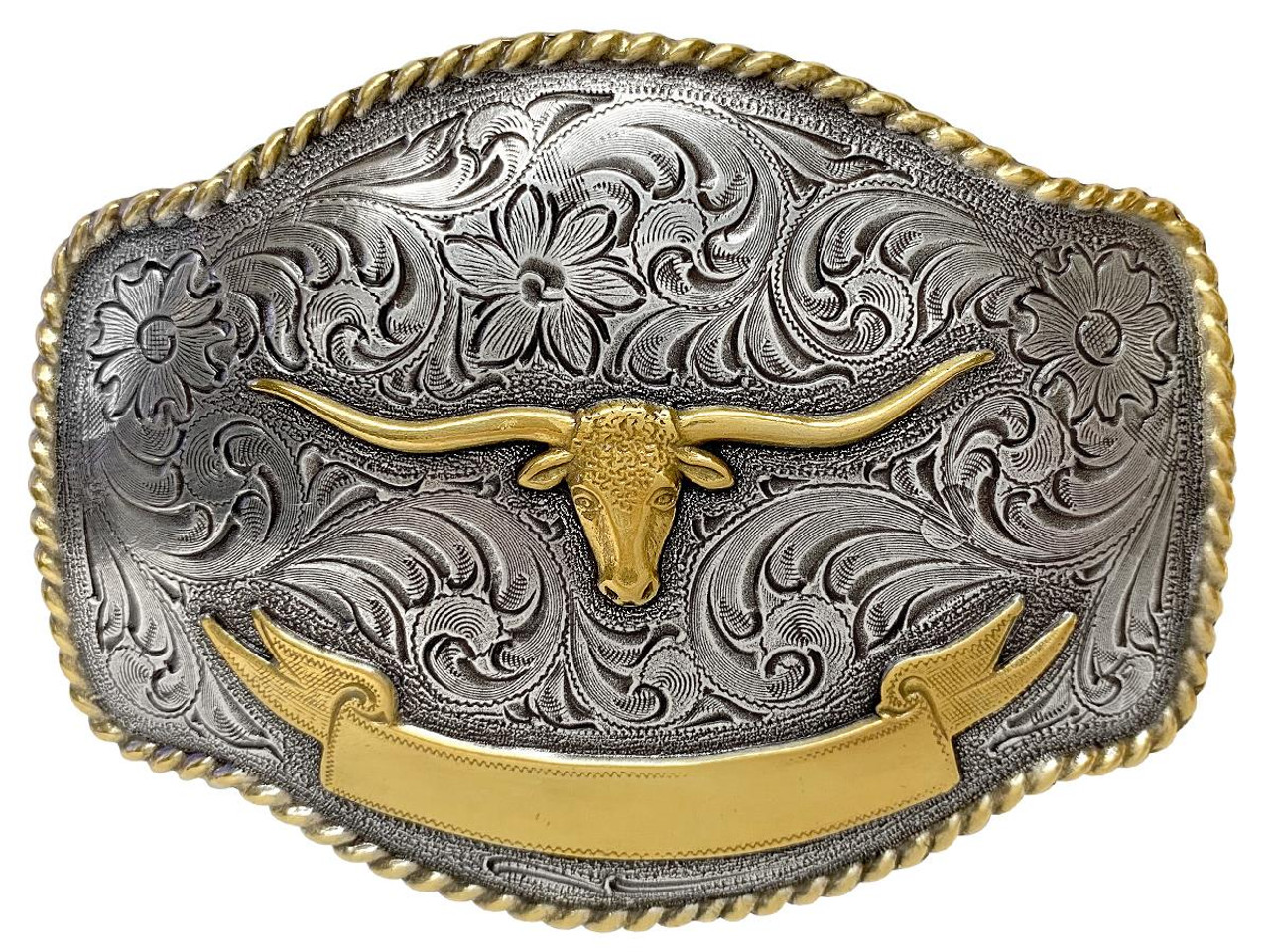 HA0435 Antique Gold Longhorn Steer Engraved Western Rope Belt