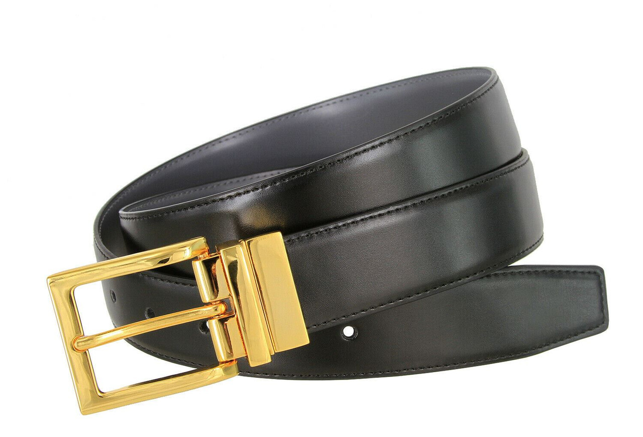 Leather Reversible TB Belt in Black/tan/gold - Women