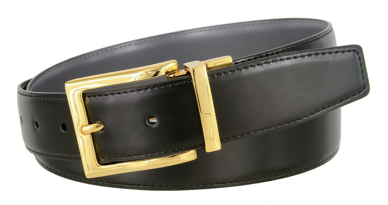Men's Reversible Belt Gold Buckle Genuine Leather Dress Casual