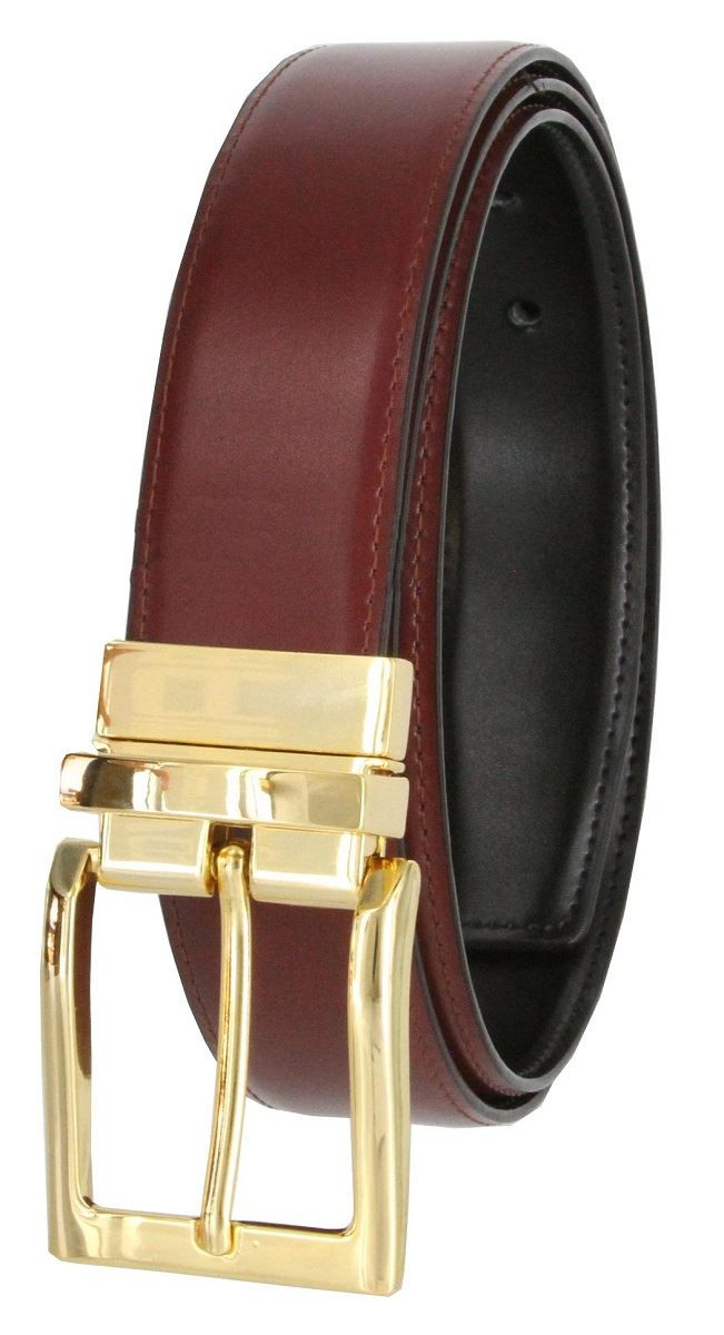 Men's Reversible Belt Gold Buckle Genuine Leather Dress Casual