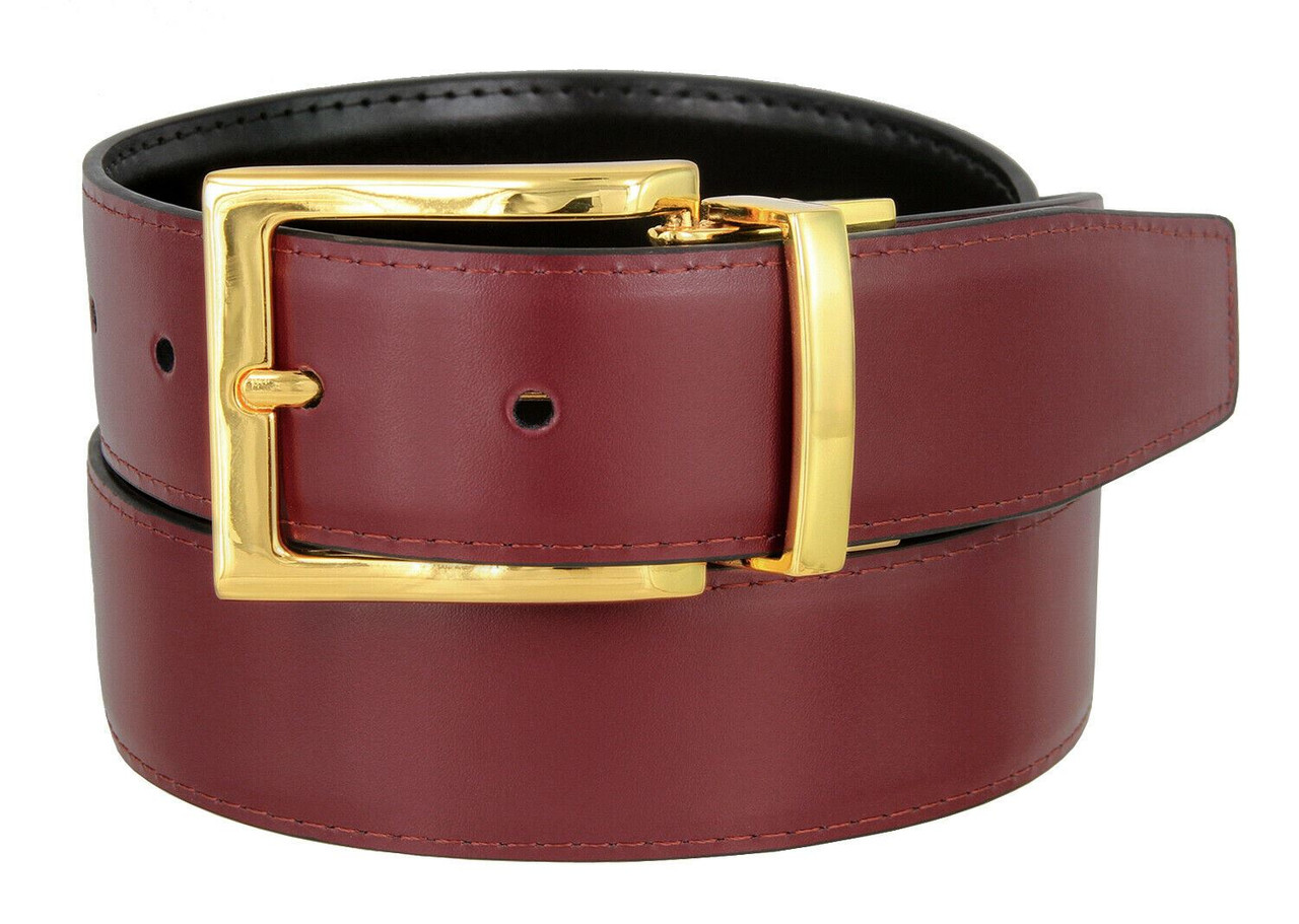 Men's Reversible Belt Gold Buckle Genuine Leather Dress Casual