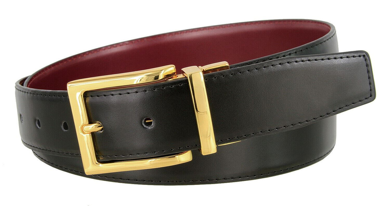 Men's Reversible Belt Gold Buckle Genuine Leather Dress Casual Belt  1-3/8(35mm) Wide 