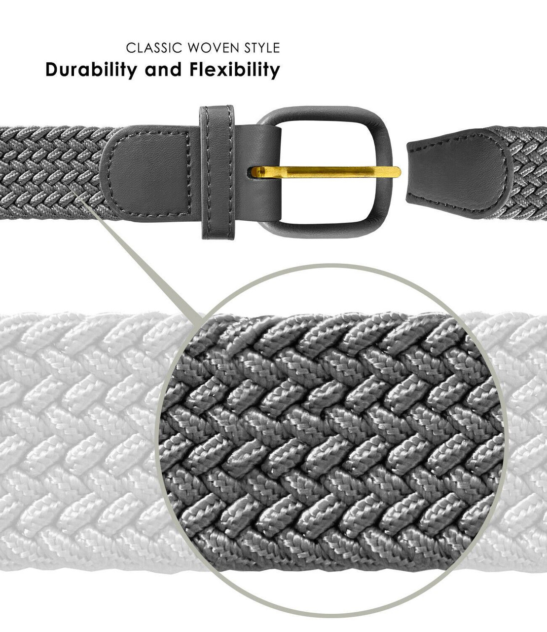 Gray elastic woven belt in regenerated leather