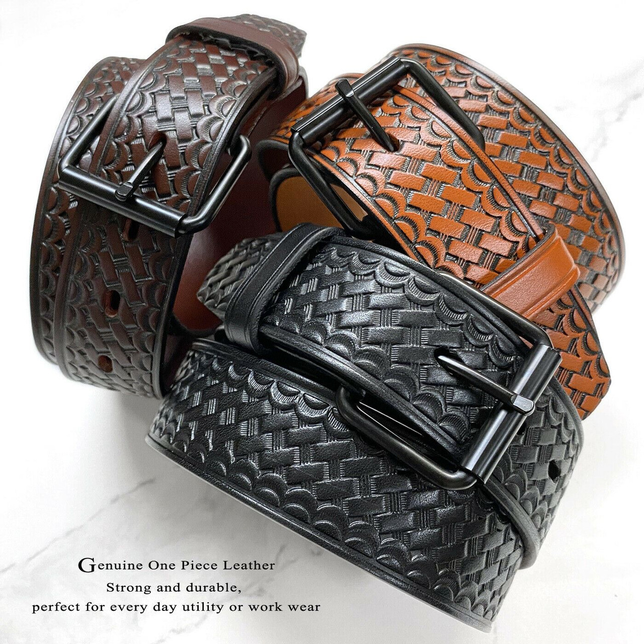 Black Roller Buckle Uniform Work Belt Basketweave One Piece Full