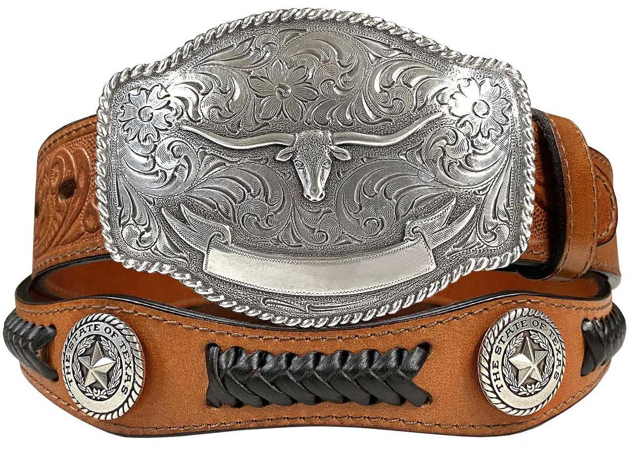 Western Longhorn Buckle State of Texas Star Conchos Embossed Full