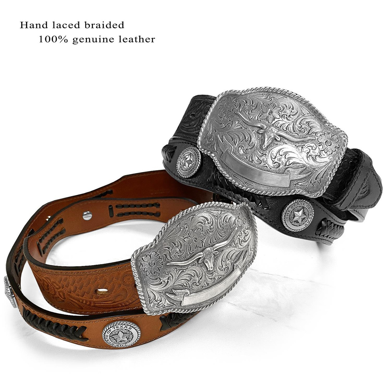 Western Longhorn Buckle State of Texas Star Conchos Embossed Full Grain  Leather Belt 1-1/2