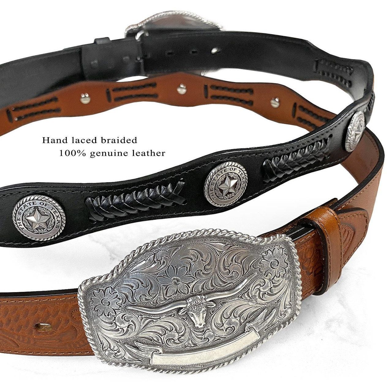 Western Longhorn Buckle State of Texas Star Conchos Embossed Full