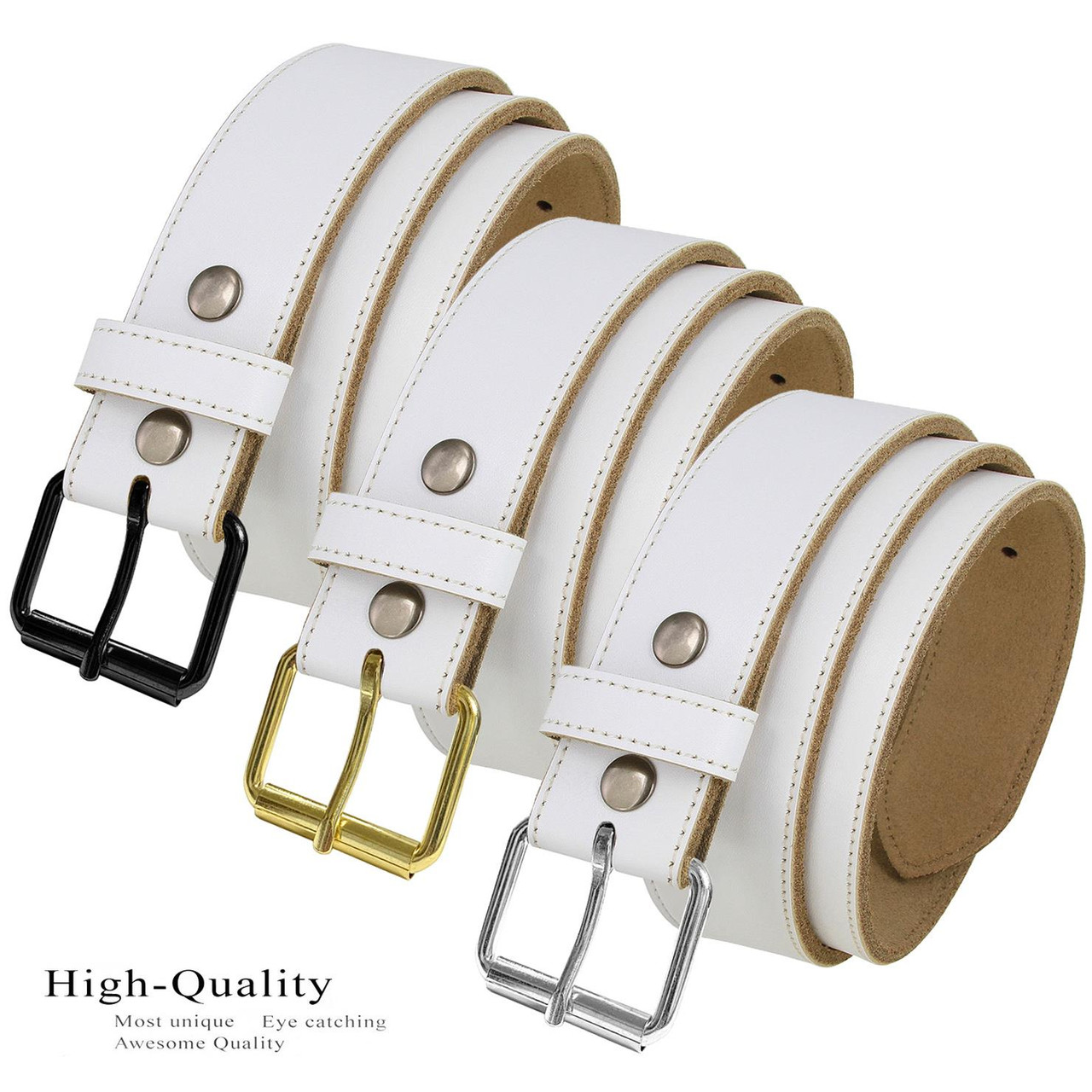 Roller Buckle White Belt Genuine Leather Casual Jean Belt 1