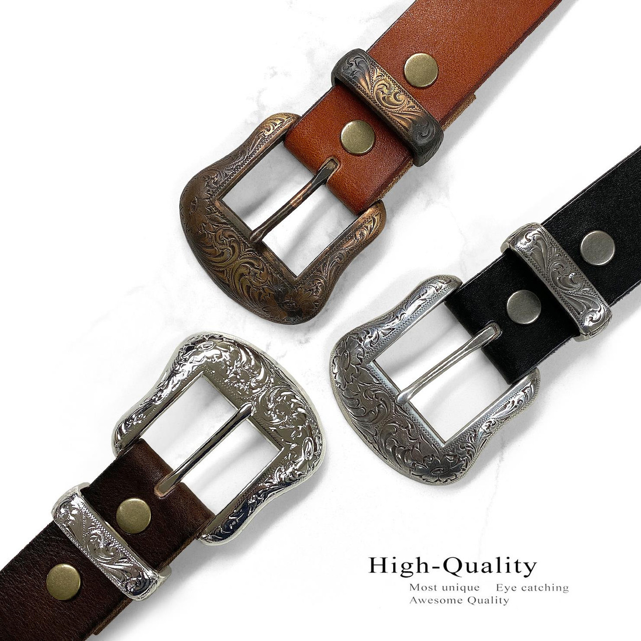 S5732 Western Bright Silver Floral Engraved Buckle Genuine Full