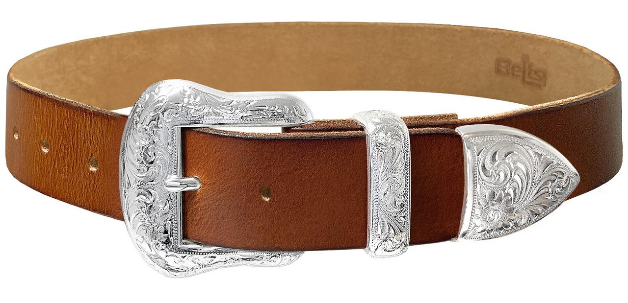 S5732 Western Bright Silver Floral Engraved Buckle Genuine Full