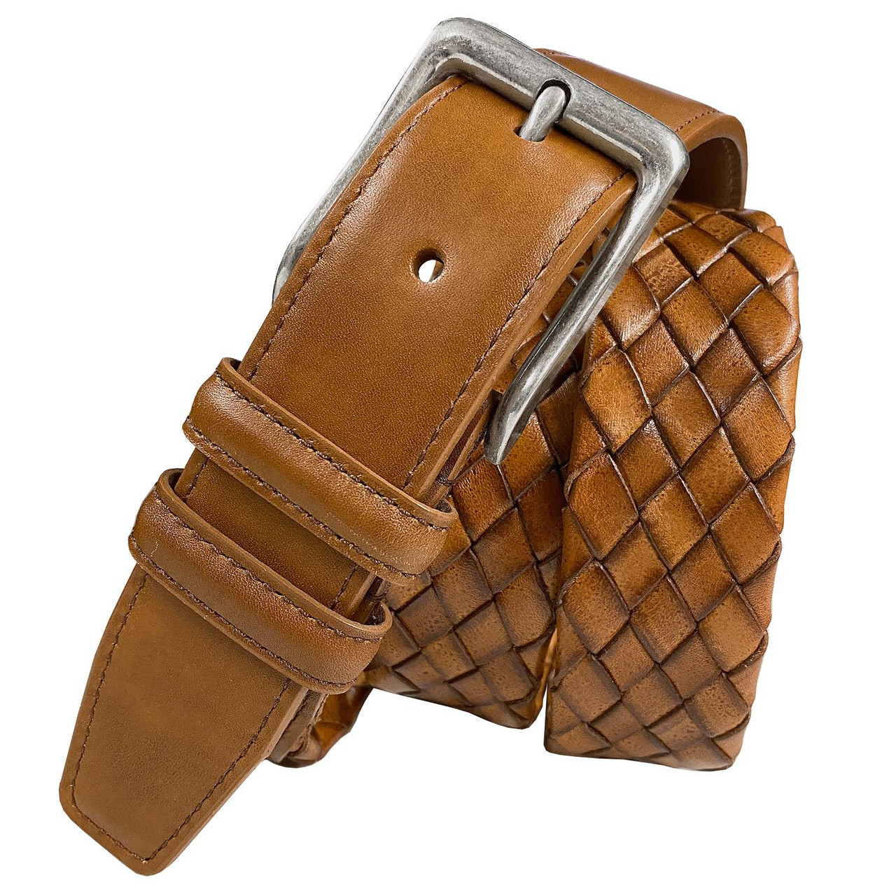 J M Davidson Braided Belt Size 30 / 75 M Cognac Brown Leather Wide Woven  Buckle