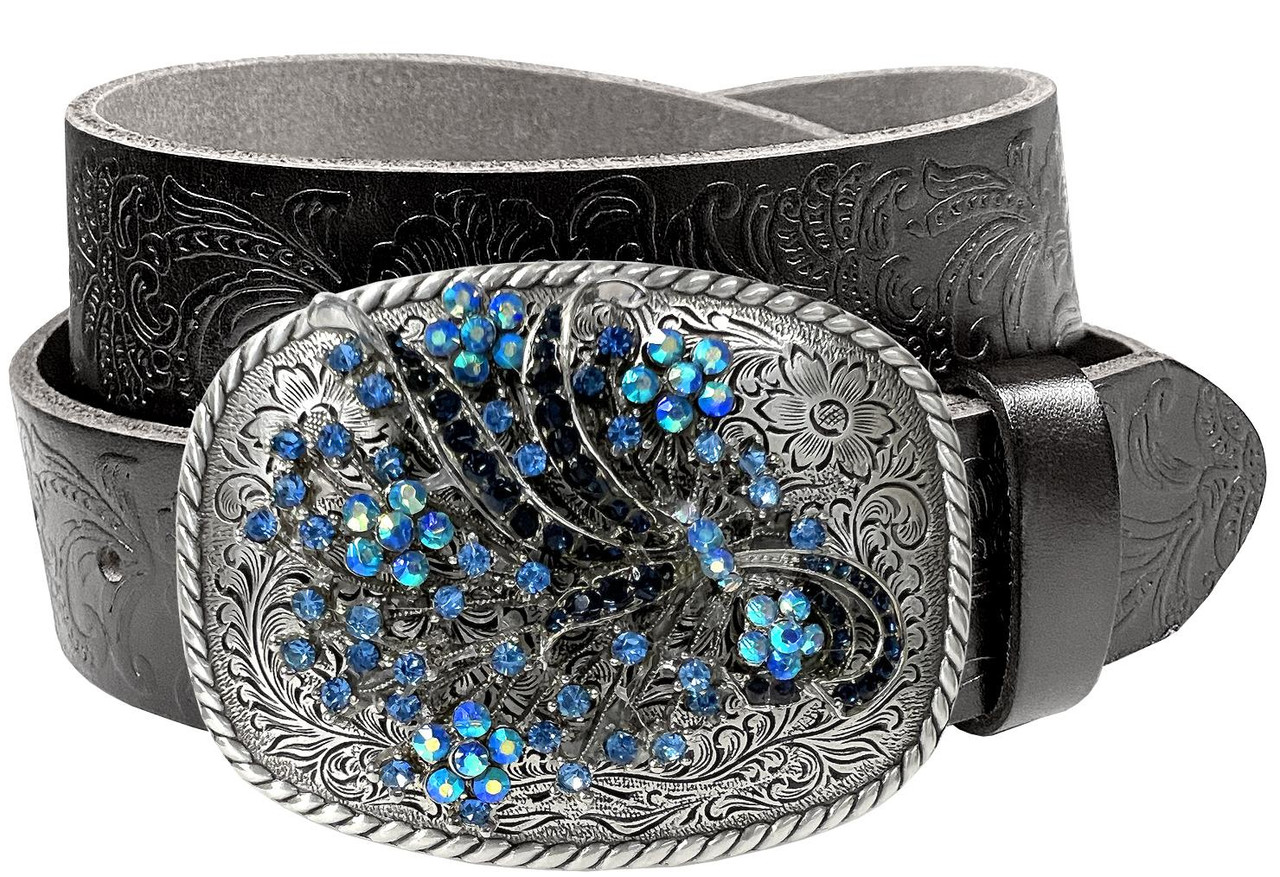 Genuine Full Grain Western Floral Engraved Tooled Leather Rhinestone Buckle  Belt 1-1/2