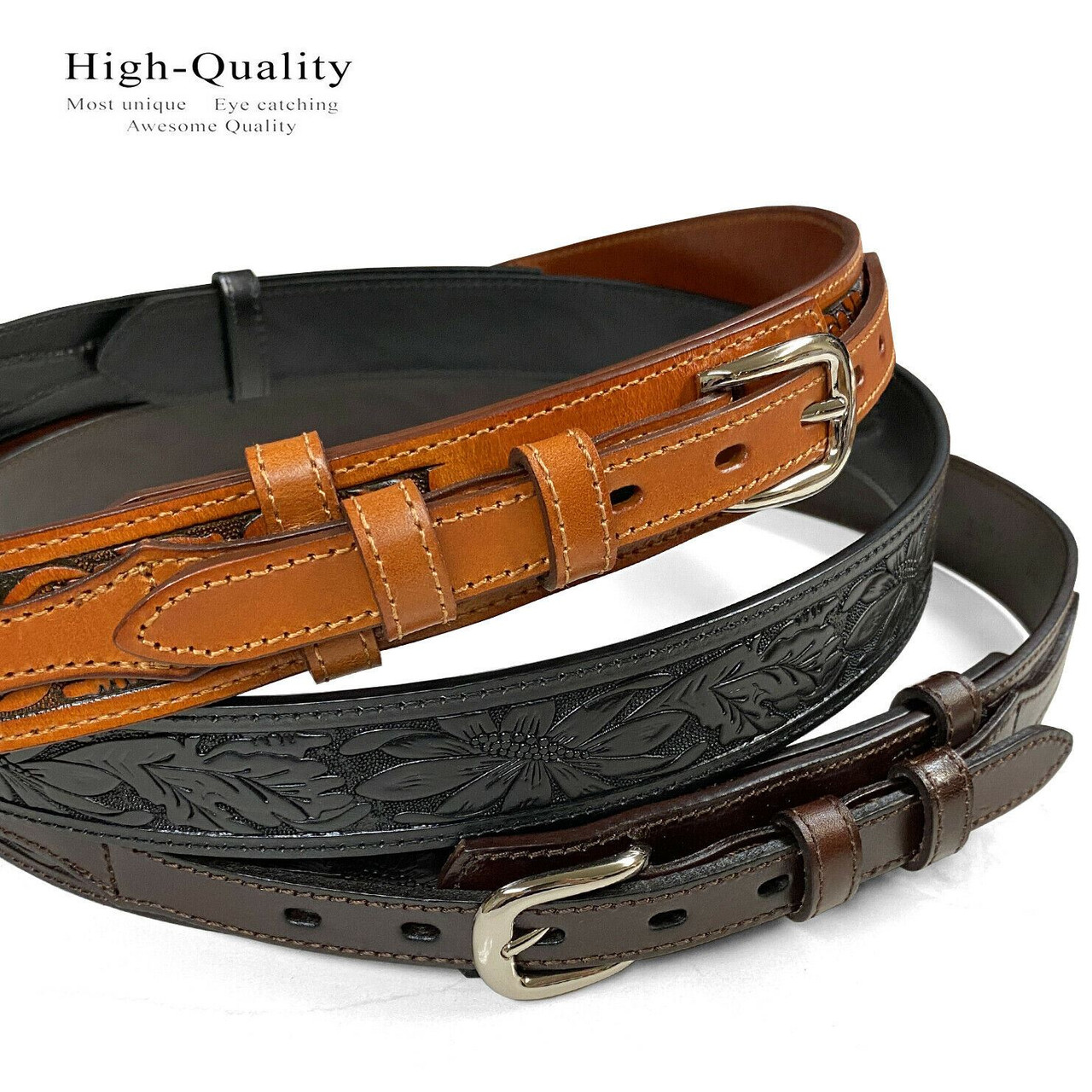 Genuine Full Grain Leather Floral Tooled Engraved Western Ranger Belt