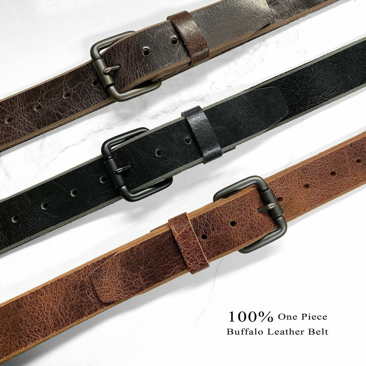 Buffalo Leather Belt Antique Brass Buckle or Roller Buckle 