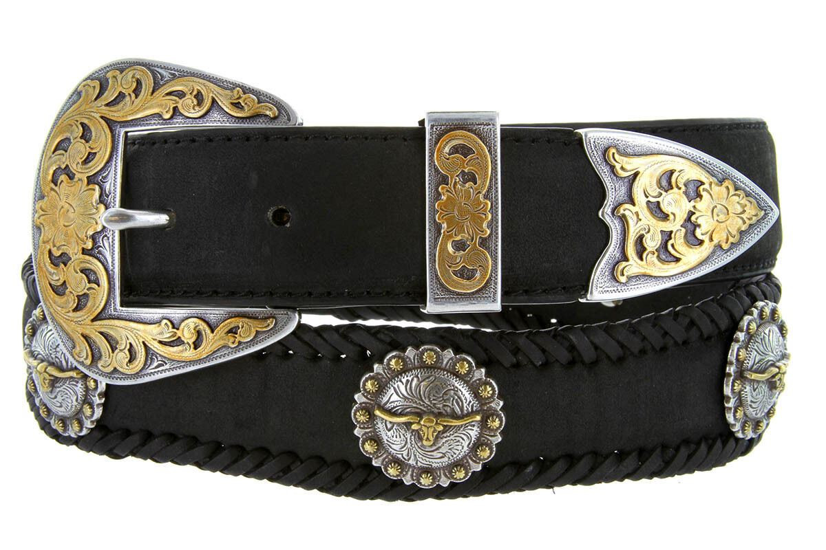 Rhinestone Concho belt buckle, woven leather belt