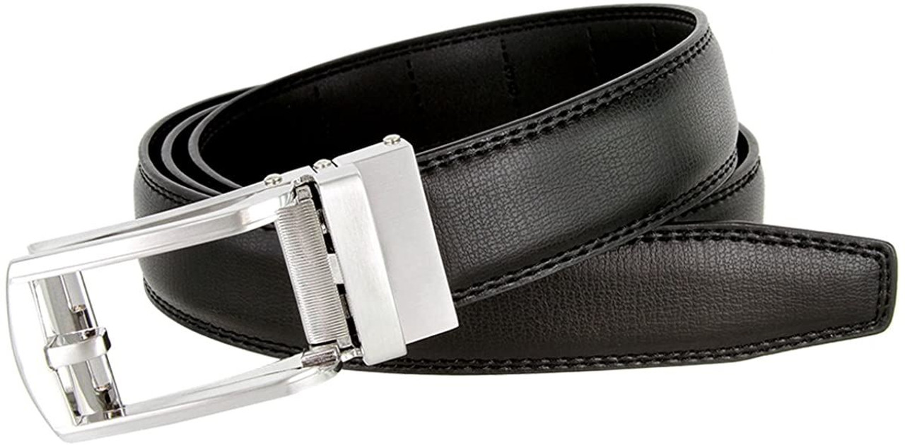 Men's Plain Leather Slide Ratchet Dress Belt with B Design Automatic Buckle  