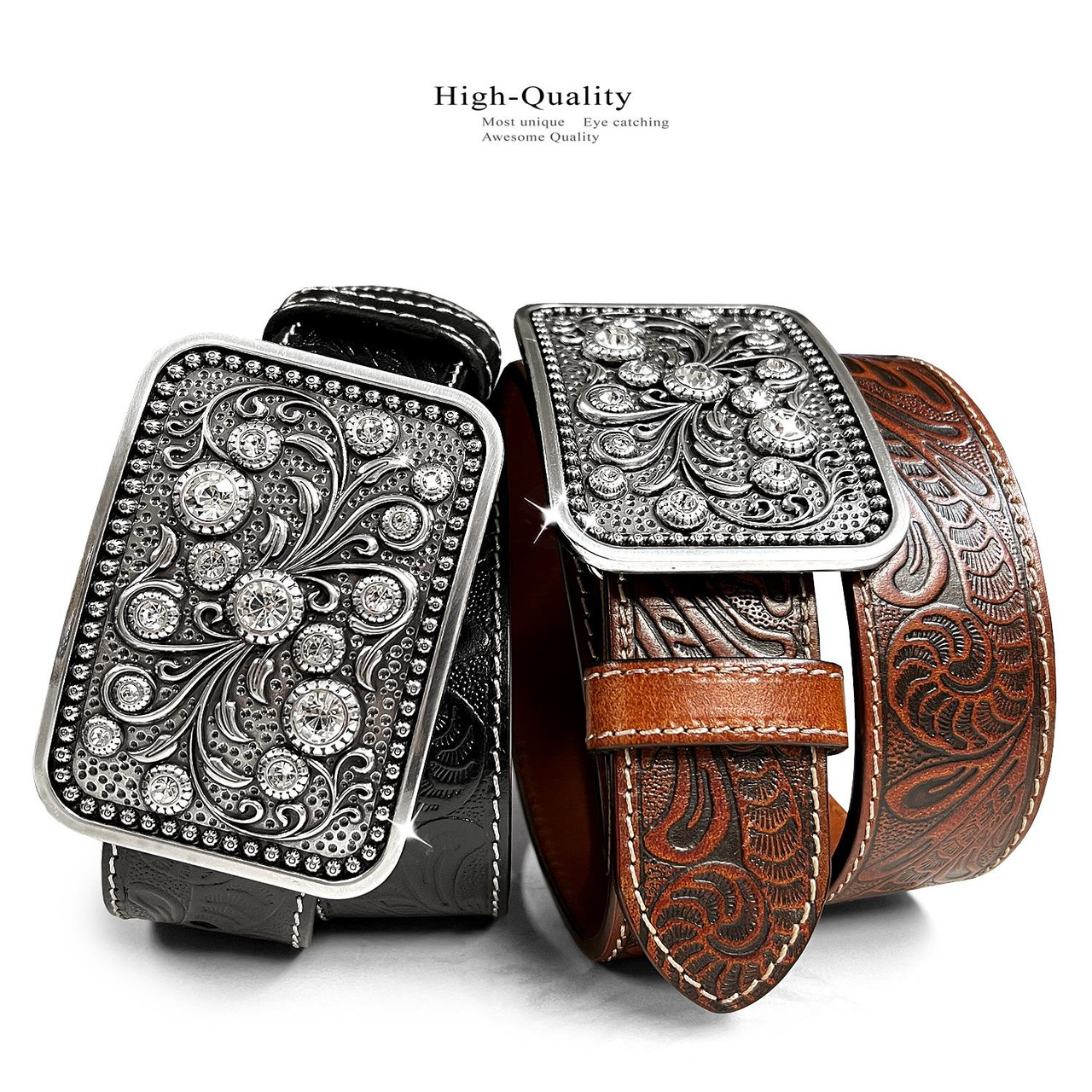 Western Rhinestone Buckle Genuine Full Grain Floral Engraved