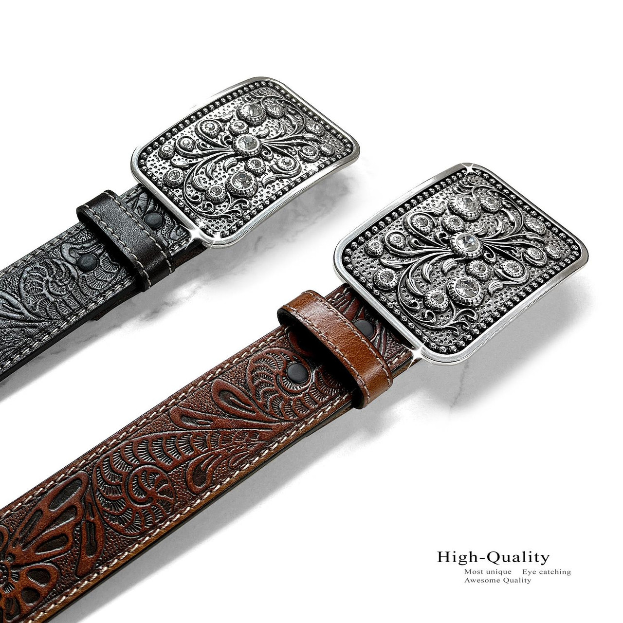 Western Rhinestone Buckle Genuine Full Grain Floral Engraved