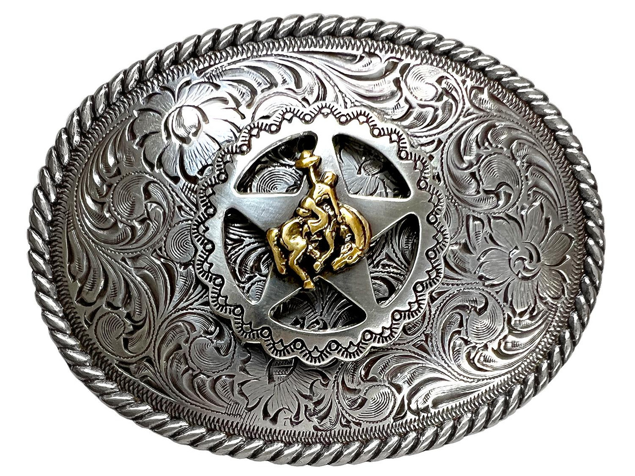 Western Antique Gold Bronco Rider Star Silver Rope Edged Floral Engraved  Belt Buckle