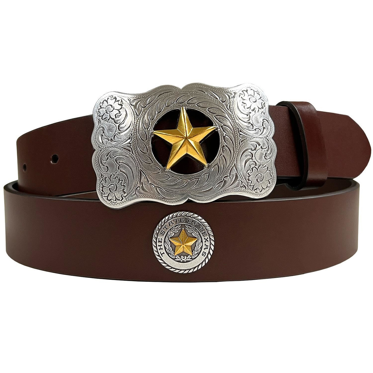 Western Longhorn Buckle Star Conchos Embossed Full Grain Leather