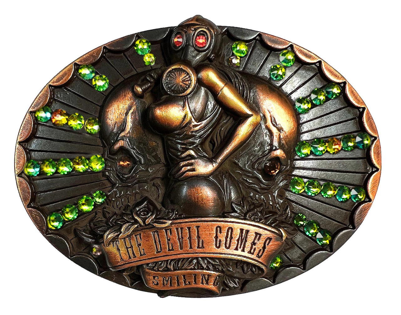 Rhinestone Antique Brass Copper The Devil Comes Smiling Engraved