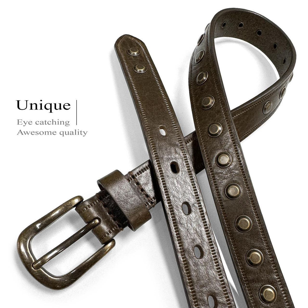 One Piece 100% Genuine Leather Belts for Women Studded Punk Dress