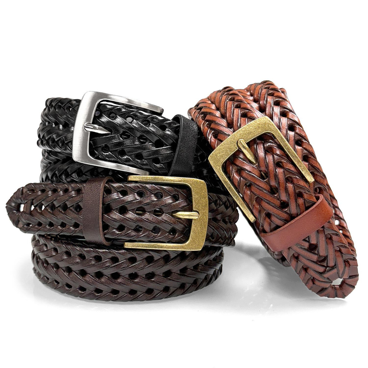 Men's Braided Belt Genuine Leather Woven Casual Dress Belt 1-3/8