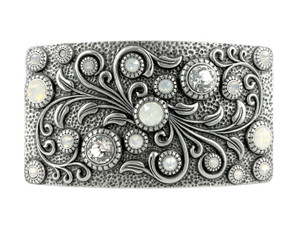 HA0850 LASRP Rhinestone Crystal Belt Buckle Antique Rectangle Floral Engraved Buckle (Crystal-White Opal)