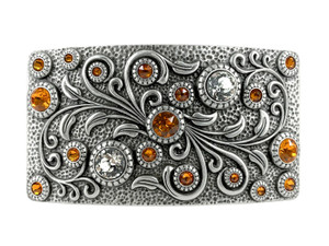 HA0850 LASRP Rhinestone Crystal Belt Buckle Antique Rectangle Floral Engraved Buckle (Crystal-Tangerine)