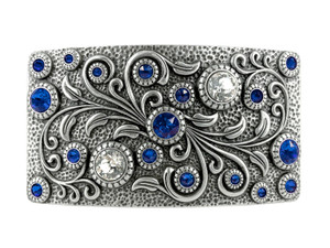 HA0850 LASRP Rhinestone Crystal Belt Buckle Antique Rectangle Floral Engraved Buckle (Crystal-Sapphire)