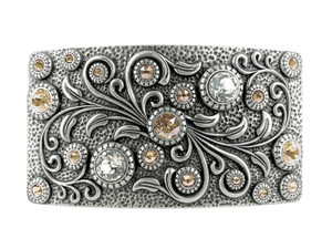 HA0850 LASRP Rhinestone Crystal Belt Buckle Antique Rectangle Floral Engraved Buckle (Crystal-Light Silk)