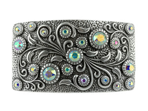 HA0850 LASRP Rhinestone Crystal Belt Buckle Antique Rectangle Floral Engraved Buckle (Crystal-AB)