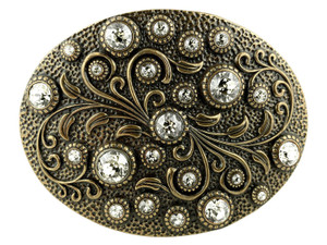 Rhinestone Crystal Belt Buckle Brass Oval Floral Engraved Buckle - Brass-Crystal