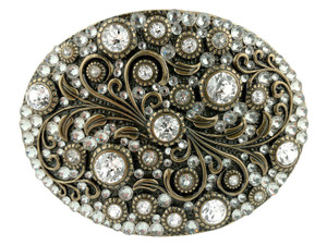 Rhinestone Crystal Belt Buckle Brass Oval Floral Engraved Buckle - Brass-Full Crystal