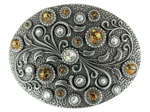 Rhinestone Crystal Belt Buckle Antique Oval Floral Engraved Buckle - Silver-Crystal Lt Col Topaz