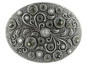 Rhinestone Crystal Belt Buckle Antique Oval Floral Engraved Buckle - Silver-Crystal Black Diamond