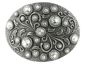 Rhinestone Crystal Belt Buckle Antique Oval Floral Engraved Buckle - Silver-Crystal