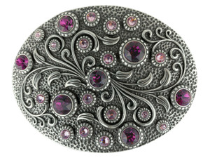 Rhinestone Crystal Belt Buckle Antique Oval Floral Engraved Buckle - Amethyst Lt Amethyst
